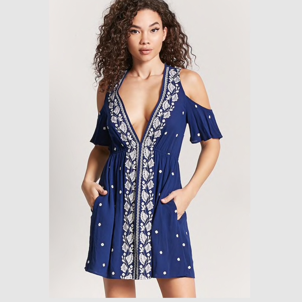 Embroidered open shoulder navy summer dress